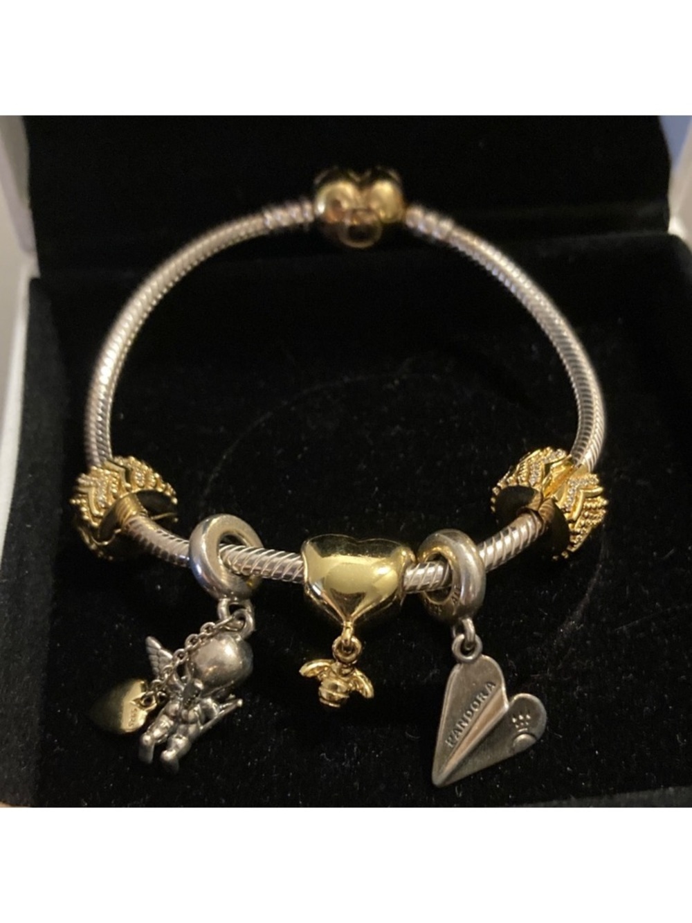 Pandora Sterling Silver Bracelet with Gold Heart Clasp & 5 charms !!!